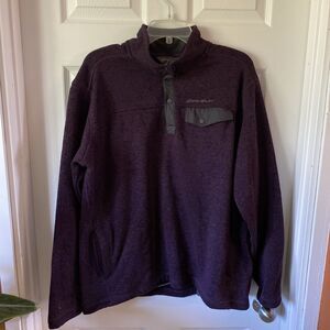 Eddie Bauer Sweater Men’s Size L Large Purple Pullover Pockets 1/4 Button